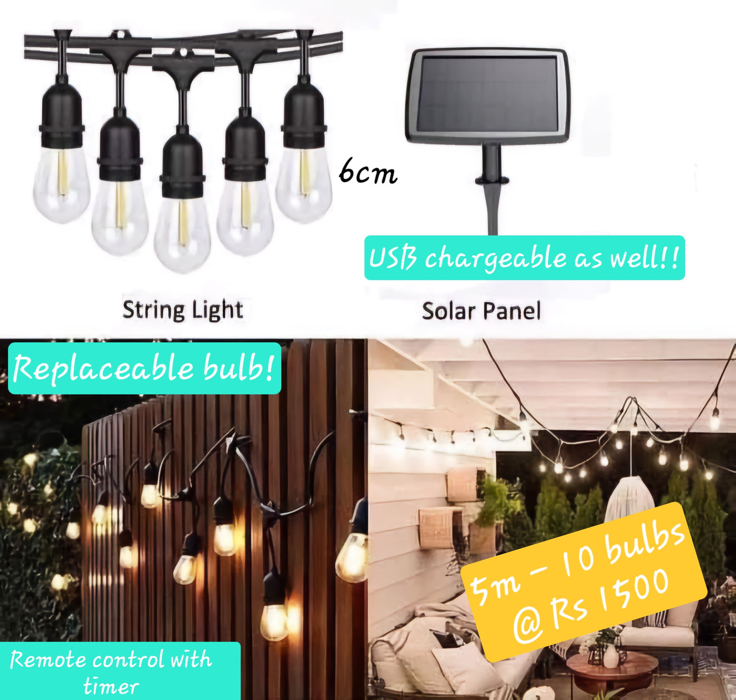 6cm Solar/USB bulbs - 5m/10 bulbs